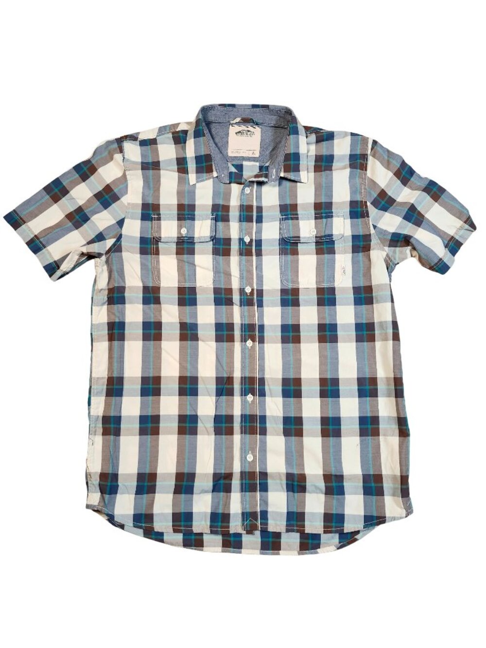 Vans Mens Plaid Short Sleeve Button-Down Shirt Size Large Blue Brown